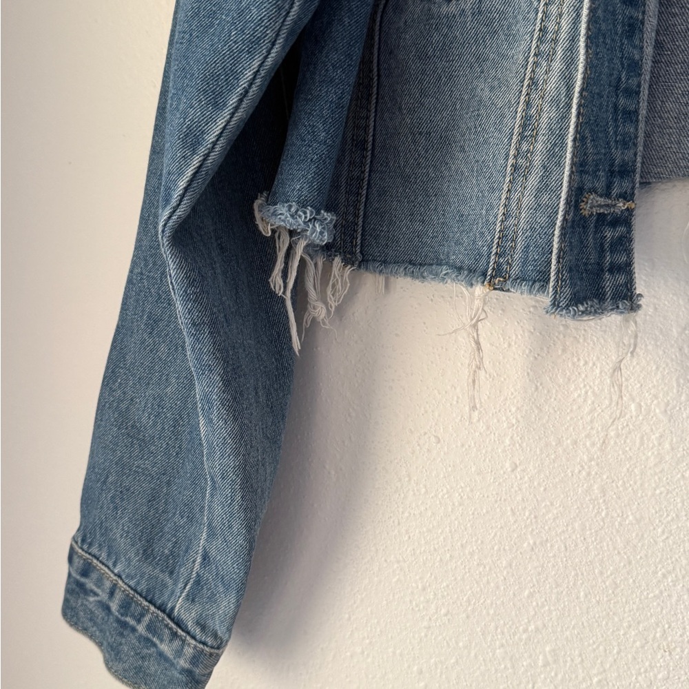 Y2K Forever 21 Women L Jacket LightWash Denim Embroidered Balloon Dog Crop - Picture 9 of 9